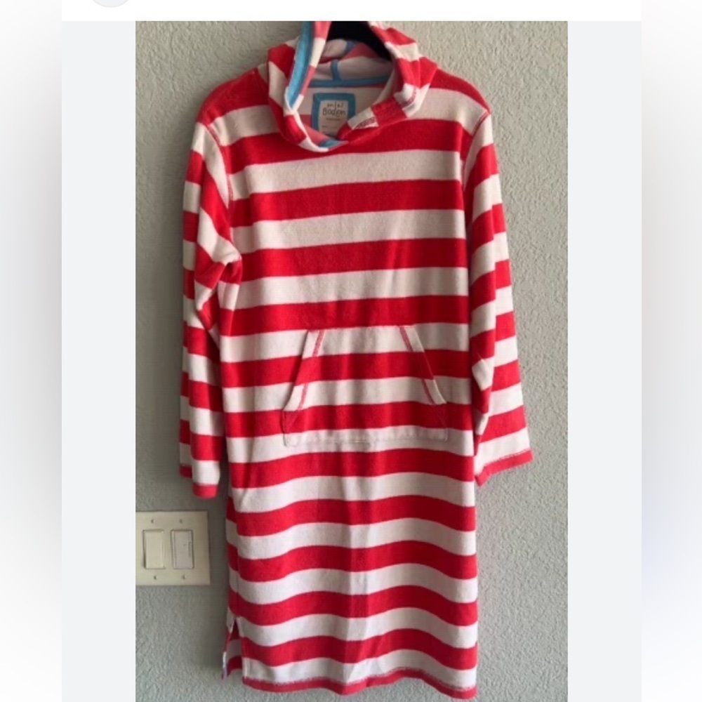 Boden pink and White Striped Kids' hooded Dress coverup